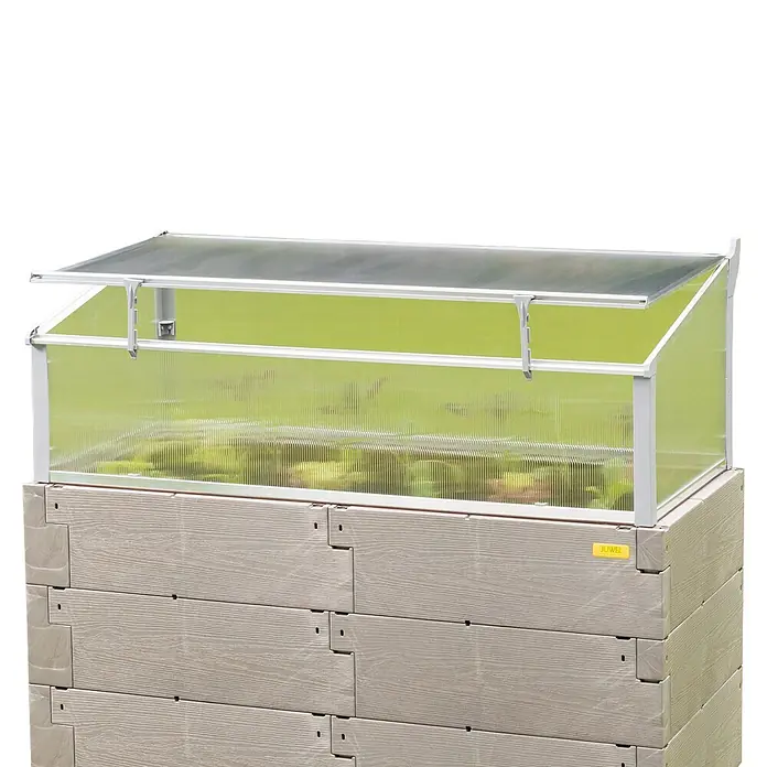 Juwel Vivero Thermo - 125 x 58 x 40 cm, Plástico - Huerto elevado con tablones marrones claros texturizados y un invernadero frío transparente abierto, mostrando plantas verdes.