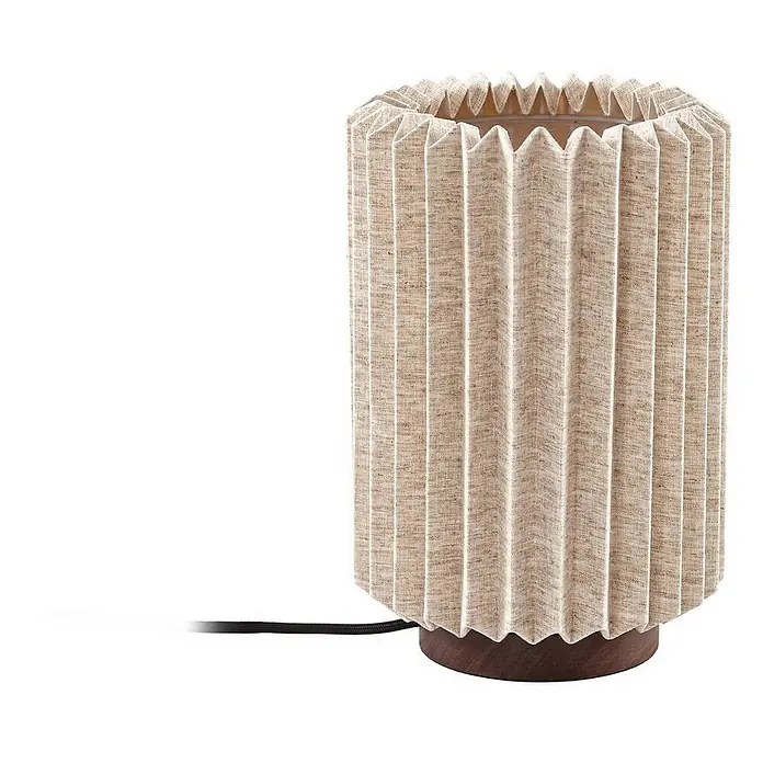 Lindby Tischleuchte Maveo - Holz dunkel, alu / grau / zink, E27 - Plissierte Tischleuchte aus Naturstoff mit dunklem Holzsockel.