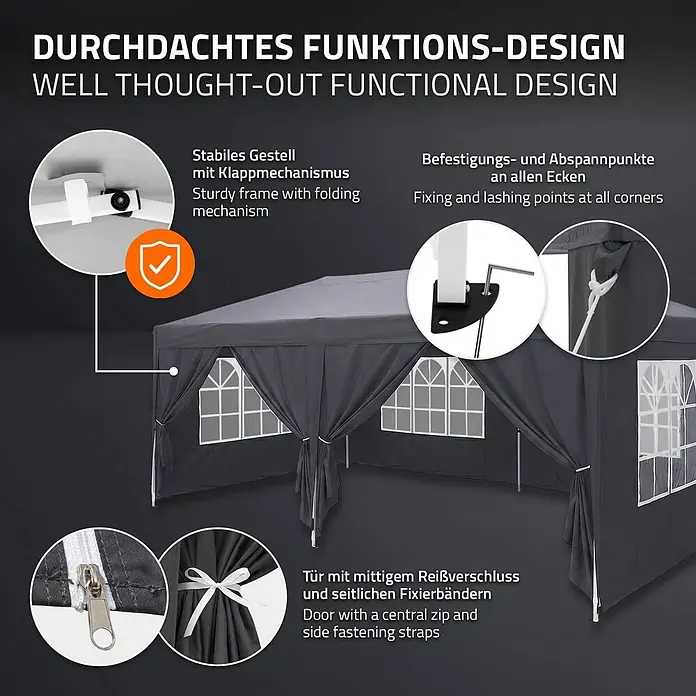 ECD Germany Faltpavillon - B x T: 600 x 600 cm, Farbe Dach: Anthrazit - Dunkelgraues Faltzelt mit stabilen Rahmen, Befestigungspunkten an den Ecken und einer Reißverschlusstür mit Haltebändern.