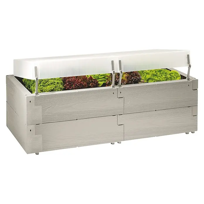 Juwel Huerto Timber Set - 130 x 60 x 52 cm, Plástico, Gris - Huerto elevado gris claro imitación madera con cubierta translúcida, conteniendo lechuga verde y roja.