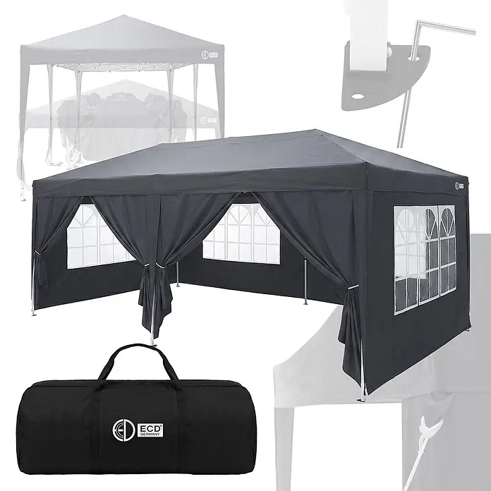 ECD Germany Faltpavillon - B x T: 600 x 600 cm, Farbe Dach: Anthrazit - Dunkelgraues Pop-up-Partyzelt mit Fenstern und aufbindbaren Seitenwänden, inklusive schwarzer Tragetasche und Montagezubehör.
