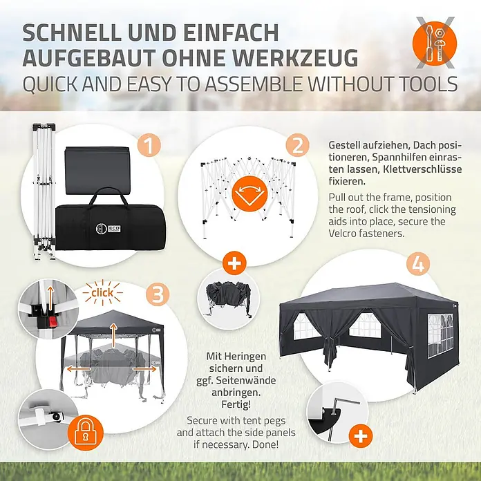 ECD Germany Faltpavillon - B x T: 600 x 600 cm, Farbe Dach: Anthrazit - Aufbauanleitung für ein dunkelgraues Faltpavillon mit Seitenwänden. Zeigt Rahmen, Dach und Endaufbau.