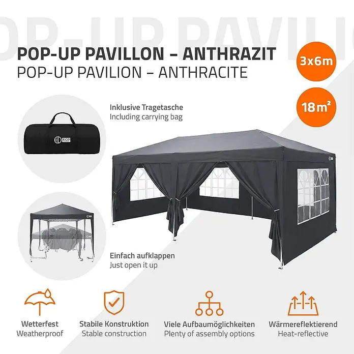 ECD Germany Faltpavillon - B x T: 600 x 600 cm, Farbe Dach: Anthrazit - Anthrazitfarbener Pop-Up Pavillon, 3x6m, mit Fenstern, aufgebaut und verpackt dargestellt. Wetterfest, stabil, wärmereflektierend.