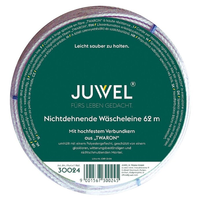Juwel Wäscheleine Twaron (Länge: 62 m, Hochfest-Verbundkern mit Polyestergeflecht-Mantel)