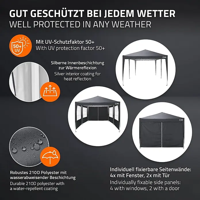 ECD Germany Faltpavillon - B x T: 600 x 600 cm, Farbe Dach: Anthrazit - Dunkelgraues Pop-up-Pavillon aus wasserabweisendem 210D Polyester mit UV50+-Schutz, wärmereflektierender Silberinnenseite und anpassbaren Seitenwänden.