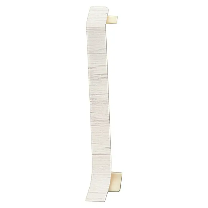 LOGOCLIC Endkappe - Esche Weiß, 4 Stk., Geeignet für: Hartschaum-Sockelleisten - Eine vertikale Lamelle mit einer hellen Holzmaserung und Befestigungselementen oben und unten. Ideal für Jalousien oder Fensterdekorationen.