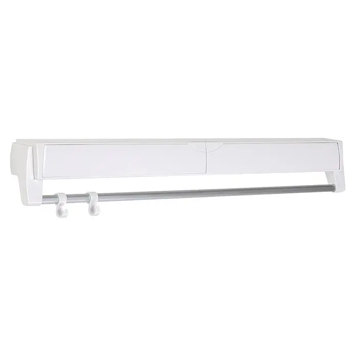 Juwel Wandwäschetrockner ARTDRY 70 - Länge Wäscheleine: 4 m, 75,5 cm, Farbe: Weiß - Weißer Küchenrollenhalter mit integriertem Folien-/Frischhaltefolienspender, grauer Metallstange und zwei weißen Haken.