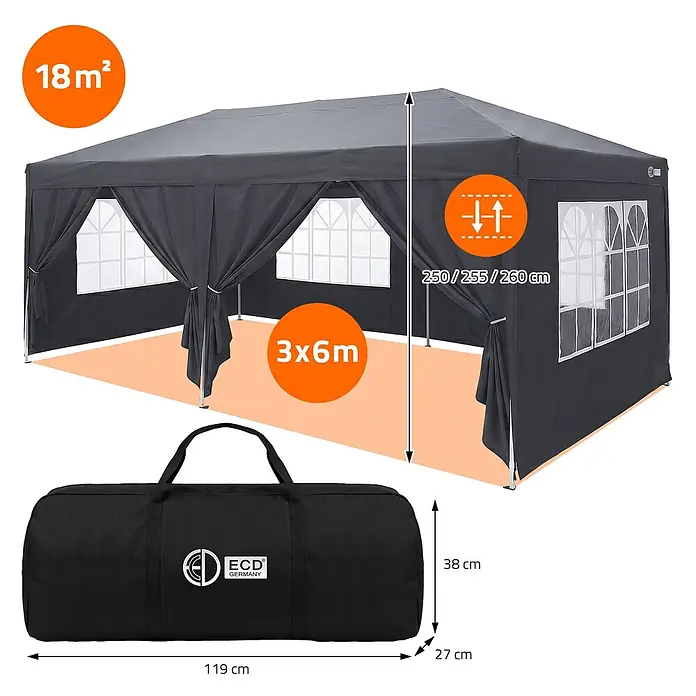 ECD Germany Faltpavillon - B x T: 600 x 600 cm, Farbe Dach: Anthrazit - Dunkelgraues 3x6m Faltpavillon mit verstellbarer Höhe und schwarzer Tragetasche.