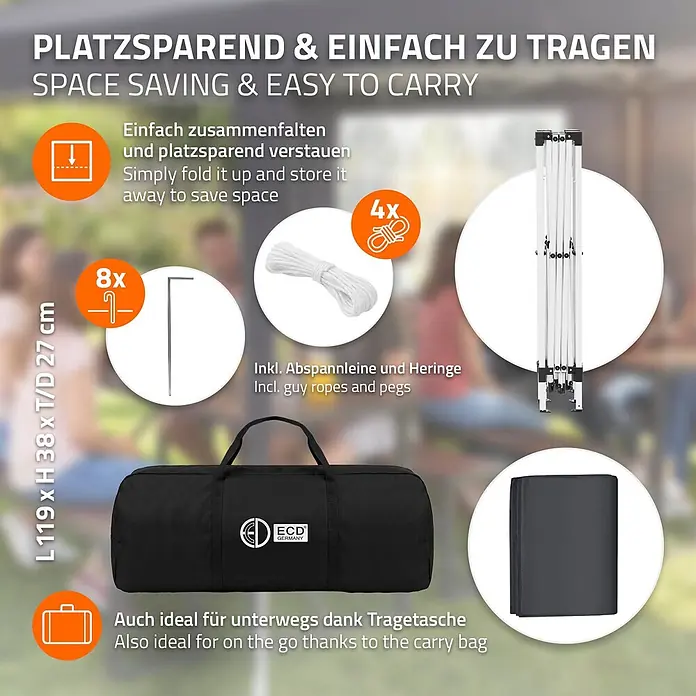 ECD Germany Faltpavillon - B x T: 600 x 600 cm, Farbe Dach: Anthrazit - Zusammengeklapptes Pavillon-Gestell mit Tragetasche, Seilen, Heringen und Dach, betont platzsparendes, tragbares Design.
