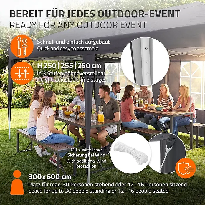 ECD Germany Faltpavillon - B x T: 600 x 600 cm, Farbe Dach: Anthrazit - Dunkelgraues Faltpavillon (300x600 cm) im Garten, mit Personen bei einem Outdoor-Event. Höhenverstellbar und mit Windschutz.
