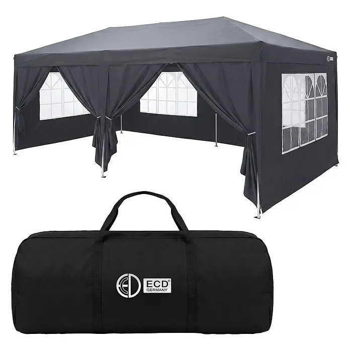ECD Germany Faltpavillon - B x T: 600 x 600 cm, Farbe Dach: Anthrazit - Dunkelgraues Partyzelt mit Rundbogenfenstern und passender schwarzer Tragetasche.