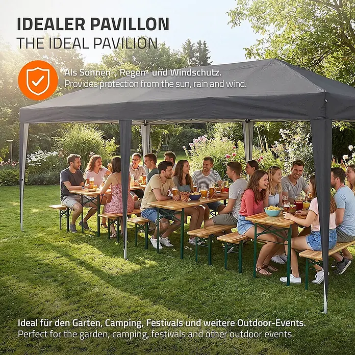 ECD Germany Faltpavillon - B x T: 600 x 600 cm, Farbe Dach: Anthrazit - Dunkelgrauer Gartenpavillon bietet Schatten und Schutz für eine Gruppe von Menschen bei einer Gartenfeier.