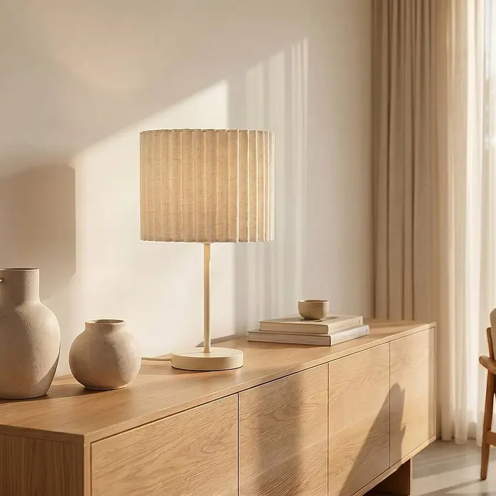 Lindby Tischleuchte Libbie - L x B x H: 25 x 25 x 45 cm, creme / amber, E27 - Cremefarbene Tischleuchte mit plissiertem Stoffschirm auf hellem Holzsideboard, neben Vasen und Büchern, in einem sonnigen Raum.