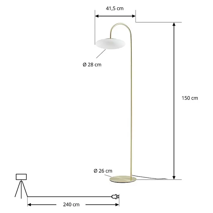 Lucande Stehleuchte Tenebra - messing / gold, weiß / opal - Goldene Stehleuchte mit weißem Schirm, 150 cm hoch. Schirm Ø 28 cm, Fuß Ø 26 cm, Kabel 240 cm.