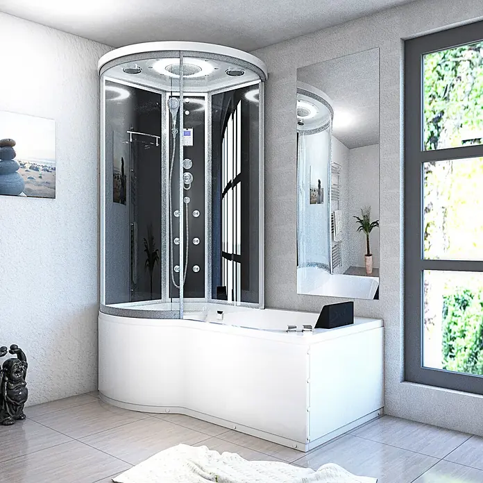 AcquaVapore Komplettdusche Fertigdusche K55-R31-WP-EC - Schwarz - Eckduschkabine mit Badewanne in Weiß und Dunkelgrau, mit klaren Glaspaneelen, in einem modernen Badezimmer.