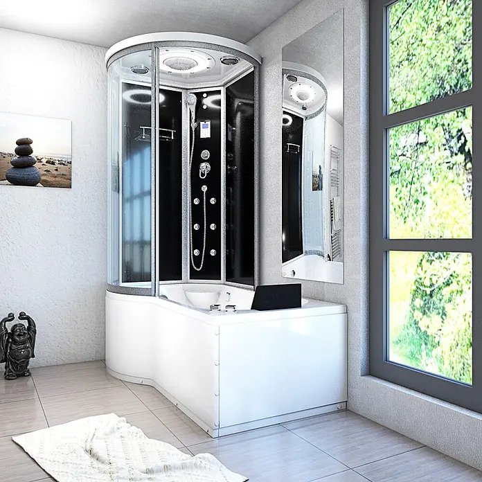 AcquaVapore Komplettdusche Fertigdusche K55-R31-WP-EC - Schwarz - Moderne weiße Eckduschkabine mit integrierter Badewanne und schwarzen Duschpaneelen in einem modernen Badezimmer.