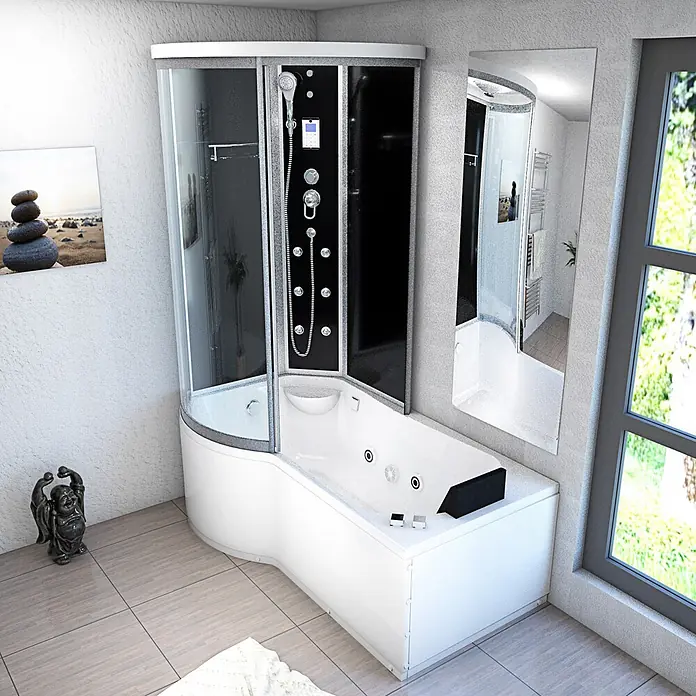 AcquaVapore Komplettdusche Fertigdusche K55-R31-WP-EC - Schwarz - Eck-Duschkabine mit Whirlpool-Wanne, weißer Wanne und schwarzen Paneelen.