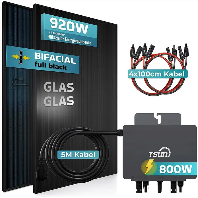 Sunniva Balkonkraftwerk-Set 920 / 800 Watt mit TSUN MX800Lite Wechselrichter - Nennleistung: 800 W - Zwei schwarze bifaziale Glas-Glas-Solarpanele (920W) mit 800W TSUN Wechselrichter und Anschlusskabeln für ein Balkonkraftwerk.