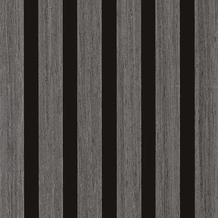 Sonido Akustikpaneel Elements - Black Oak, L x B x S: 1.200 x 560 x 18 mm - Vertikale Verkleidung mit dunklen und grauen Streifen und Holzmaserung.
