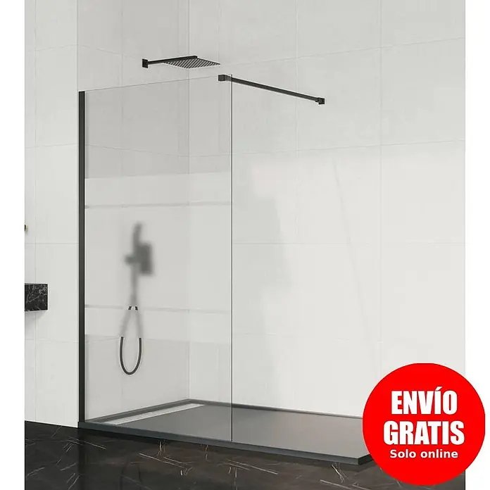 GME Mampara de ducha fija + brazo Screen - An x Al: 98 x 195 cm, Vidrio serigrafiado, Negro - Ducha a ras de suelo con marco negro, paneles de vidrio transparente y esmerilado, ducha superior negra y plato de ducha oscuro.