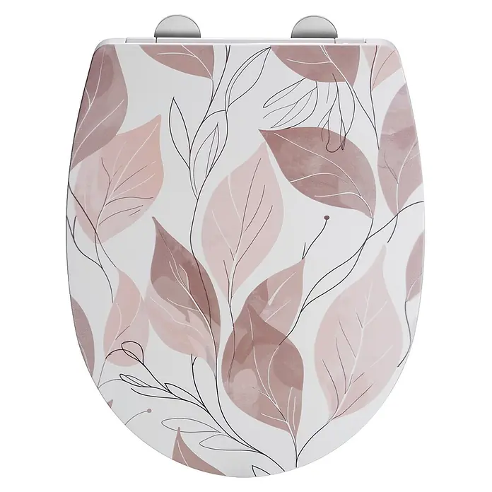 Wenko WC-Sitz Pula - Blätter Pink, Thermoplast, Mit Absenkautomatik - Toilettensitzdeckel mit hellem Hintergrund und braunem/beigem Blattmuster mit schwarzer Linienzeichnung.