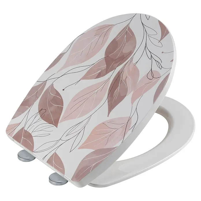 Wenko WC-Sitz Pula - Blätter Pink, Thermoplast, Mit Absenkautomatik - Weißer Toilettensitz mit dekorativem beigem und braunem Blattmuster.
