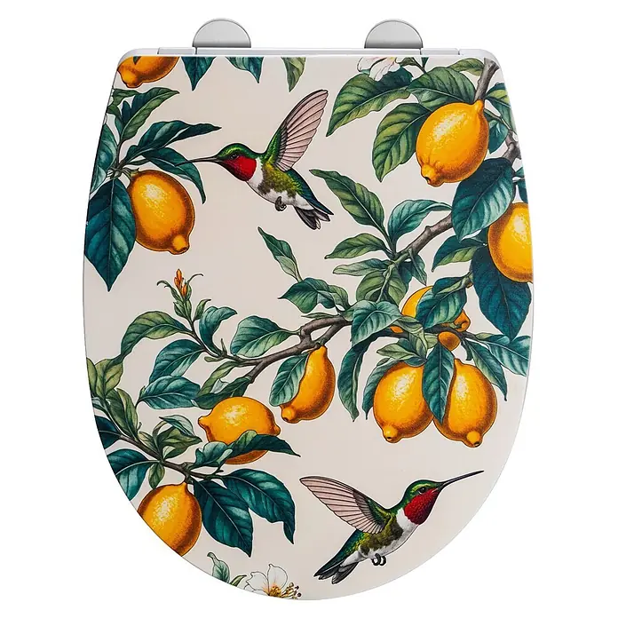 Wenko WC-Sitz Alberola - Zitronen, Thermoplast, Mit Absenkautomatik - Weißer Toilettensitz mit farbiger Illustration von Kolibris, Zitronen und grünen Blättern.