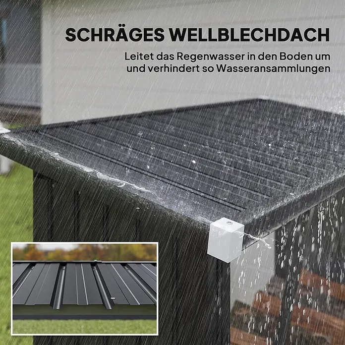 Outsunny Kaminholzregal - Stahl, Dunkelgrau - Dunkelgraues Wellblechdach leitet Regenwasser ab, verhindert Stau. Eine Detailansicht zeigt die Rillen.