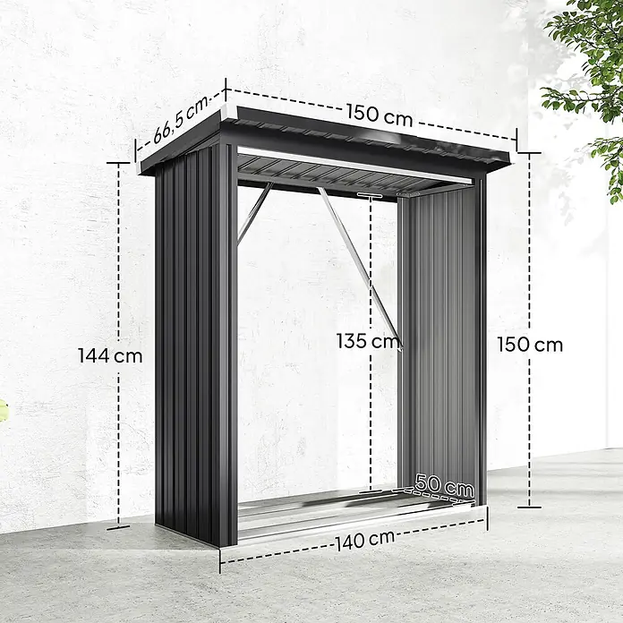Outsunny Kaminholzregal - Stahl, Dunkelgrau - Schwarzer und grauer Metall-Brennholzunterstand mit den Maßen 150 cm breit, 66,5 cm tief und 150 cm hoch. Innenhöhe 135 cm.