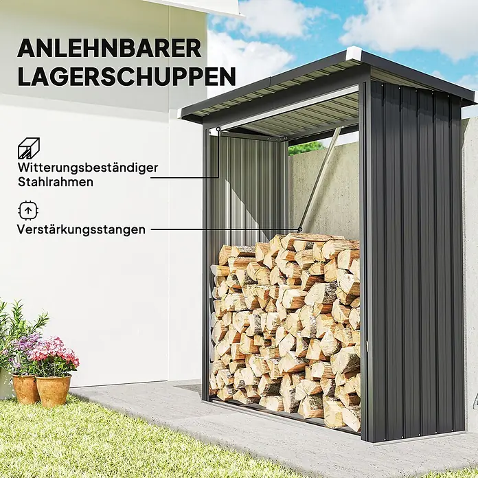 Outsunny Kaminholzregal - Stahl, Dunkelgrau - Dunkelgrauer Anlehnschuppen aus witterungsbeständigem Stahl, gefüllt mit Brennholz, neben einem Haus. Mit Verstärkungsstangen.