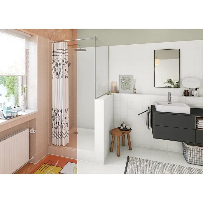 Alpina Weißlack Bad & Küche 3 in 1 Fliesenlack (Weiß) - Weiß, Seidenglänzend, 500 l, Lösemittelbasiert - Modernes Badezimmer mit weißen und pfirsichfarbenen Fliesen, einer begehbaren Dusche, einem schwebenden dunklen Waschtisch und großem Fenster.