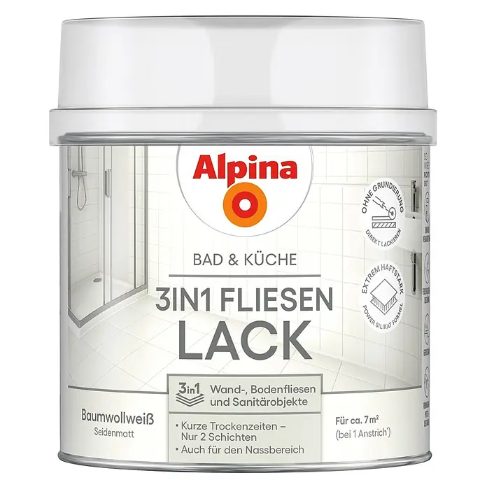 Alpina Weißlack Bad & Küche 3 in 1 Fliesenlack (Weiß) - Weiß, Seidenglänzend, 500 l, Lösemittelbasiert - Alpina 3-in-1 Fliesenlack in Baumwollweiß, seidenmatt, für Bad und Küche. Ohne Grundierung, extrem haftstark.