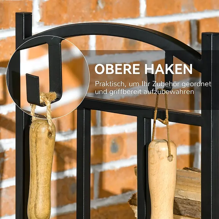 Outsunny Kaminholzregal - Metall, Schwarz - Schwarzer Metall-Kaminbesteckständer mit oberen Haken zum Aufhängen von Zubehör mit Holzgriff, detailreich dargestellt.
