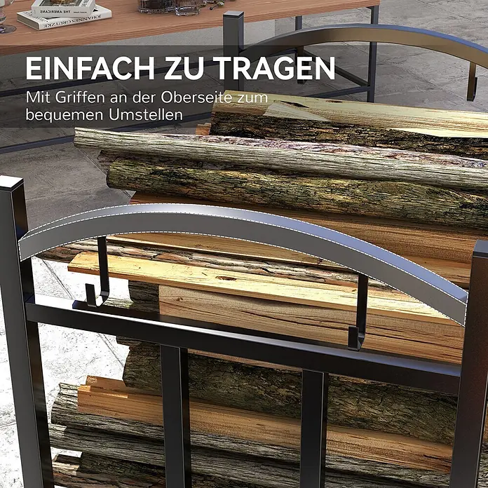 Outsunny Kaminholzregal - Metall, Schwarz - Schwarzes Metall-Kaminholzregal mit Griffen, gefüllt mit Holzscheiten. Zum einfachen Tragen und Verschieben.