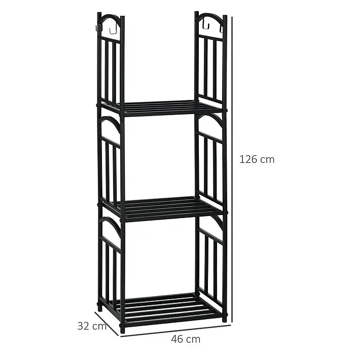 Outsunny Kaminholzregal - Metall, Schwarz - Schwarzes 3-stöckiges Metall-Pflanzregal mit Lattenrosten und Haken, ideal zum Organisieren.
