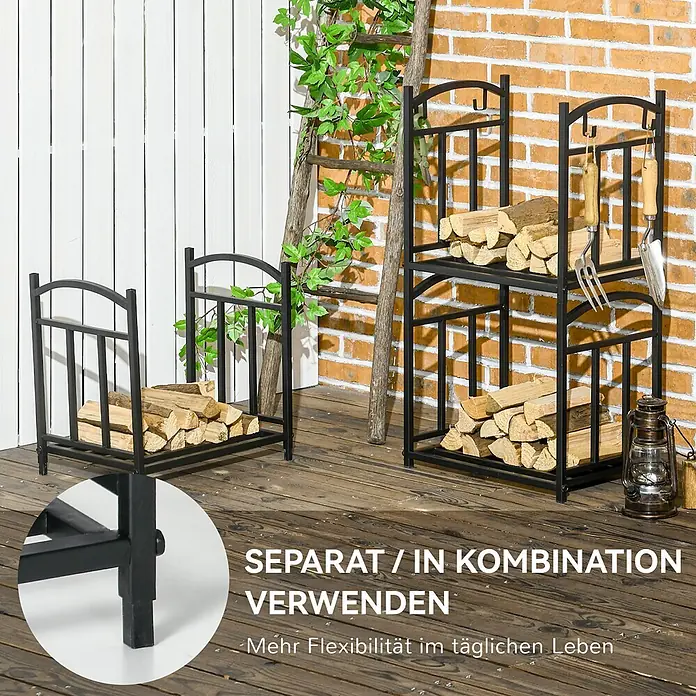 Outsunny Kaminholzregal - Metall, Schwarz - Schwarzes Metall-Kaminholzregal, separat oder kombiniert nutzbar, mit Brennholz beladen, für flexible Anwendung.