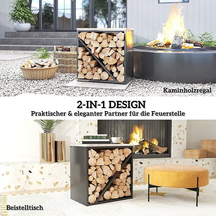 Outsunny Kaminholzregal - Metall, Schwarz - Moderner Kaminholzständer aus Metall und Holz, der sowohl als Holzregal im Freien als auch als Beistelltisch im Innenbereich dient.