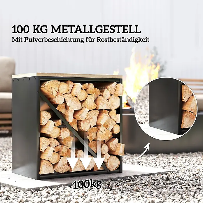 Outsunny Kaminholzregal - Metall, Schwarz - Schwarz pulverbeschichtetes Metall-Brennholzregal mit Holzplatte, gefüllt mit Holzscheiten, für 100 kg Kapazität, gezeigt im Außenbereich.