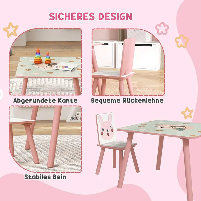 Zonekiz Kindertisch Rosa 60cm x 60cm x 44cm -  - Rosa Kindertisch- und Stuhlset mit abgerundeten Kanten, bequemer Rückenlehne und stabilen Beinen, mit Tiermotiven.