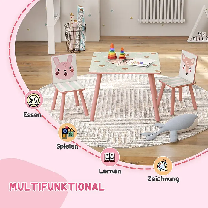 Zonekiz Kindertisch Rosa 60cm x 60cm x 44cm -  - Rosa-grüne Kindertisch- und Stuhl-Set mit Tiergesichtern, multifunktional zum Essen, Spielen, Lernen und Zeichnen in einem Raum.