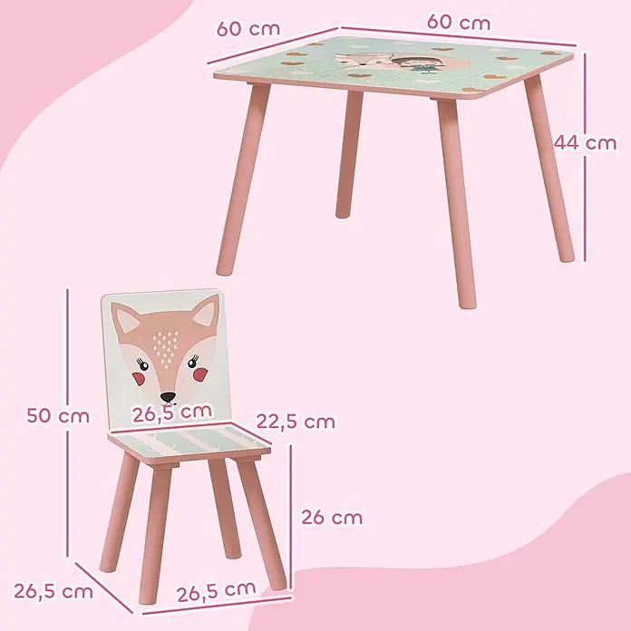 Zonekiz Kindertisch Rosa 60cm x 60cm x 44cm -  - Rosa-minzfarbenes Kindertisch- und Stuhl-Set mit Fuchsmotiv. Tisch: 60x60x44 cm; Stuhl: 26,5x26,5 cm Sitzfläche, 50 cm Gesamthöhe.