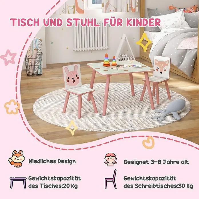 Zonekiz Kindertisch Rosa 60cm x 60cm x 44cm -  - Rosa-grüner Kindertisch mit zwei Tiermotiven-Stühlen. Geeignet für 3-8 Jahre, Tischbelastung 20 kg, Stuhllast 30 kg.
