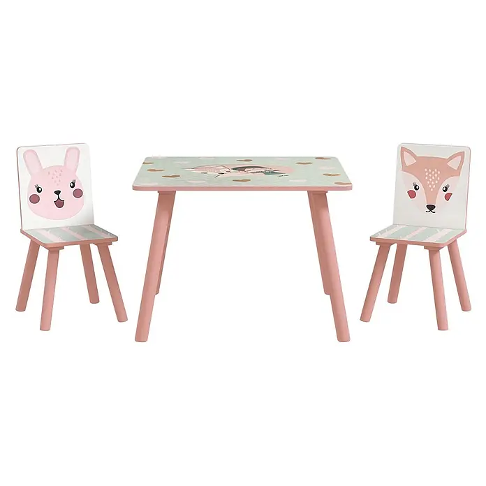 Zonekiz Kindertisch Rosa 60cm x 60cm x 44cm -  - Rosa Holztisch und zwei Stühle für Kinder mit Tiermotiven (Hase, Fuchs, Reh) und Pastellmustern.