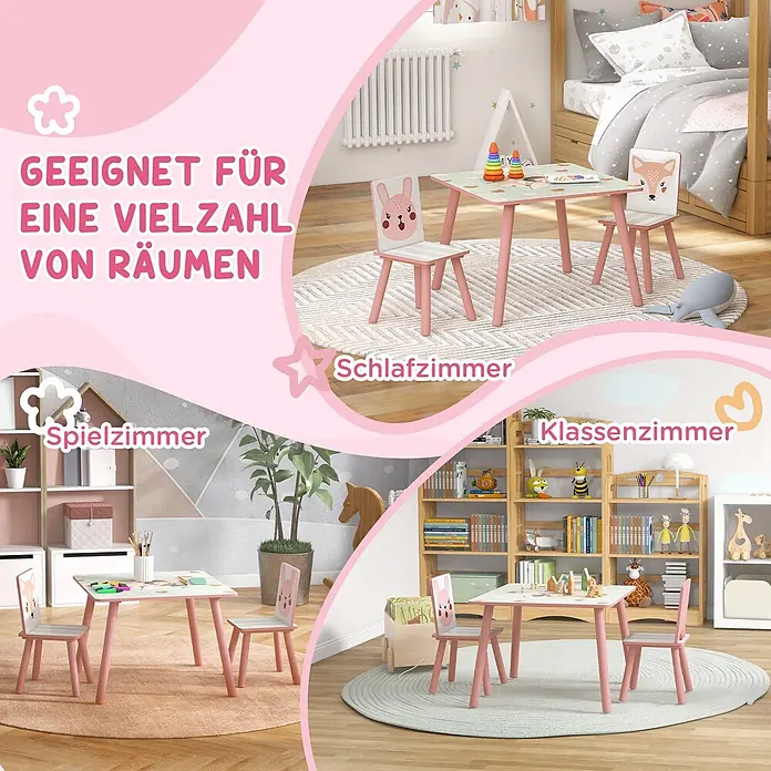 Zonekiz Kindertisch Rosa 60cm x 60cm x 44cm -  - Rosa-weißes Kindertisch- und Stuhlset mit Tiergesichtern auf den Rückenlehnen, präsentiert in verschiedenen Kinderzimmern.
