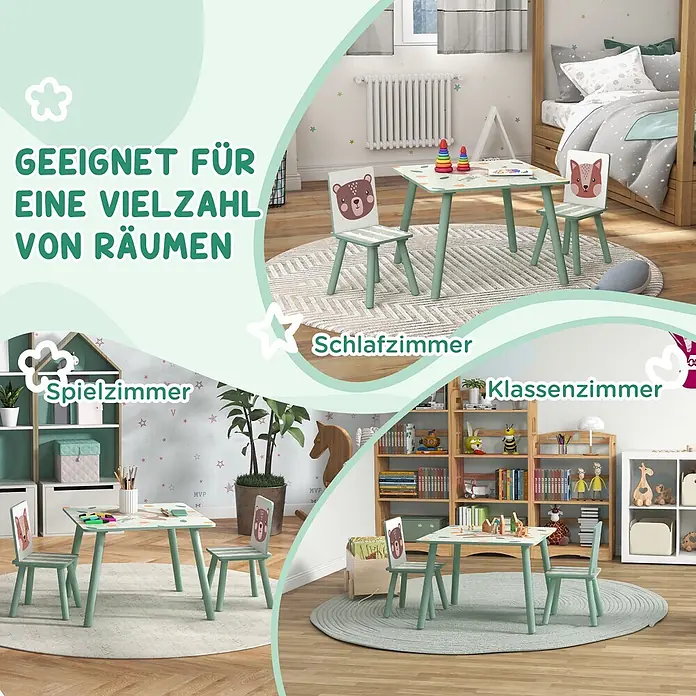 Zonekiz Kindertisch Grün 60cm x 60cm x 44cm -  - Vielseitiges mintgrünes Kindertisch- und Stuhlset mit Tiermotiven, passend für verschiedene Räume.
