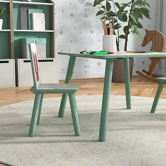Zonekiz Kindertisch Grün 60cm x 60cm x 44cm -  - Grüner Kindertisch und Stuhl-Set mit Fuchsmotiv, für kreative Aktivitäten in einem spielerischen Zimmer.