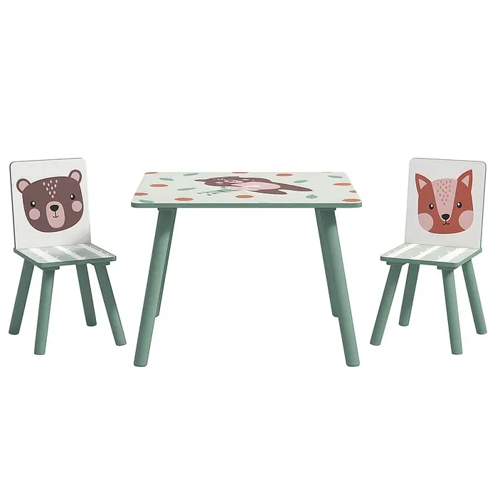Zonekiz Kindertisch Grün 60cm x 60cm x 44cm -  - Grüner Kindertisch und zwei Stühle aus Holz mit Waldtiergesichtern und Naturmustern.