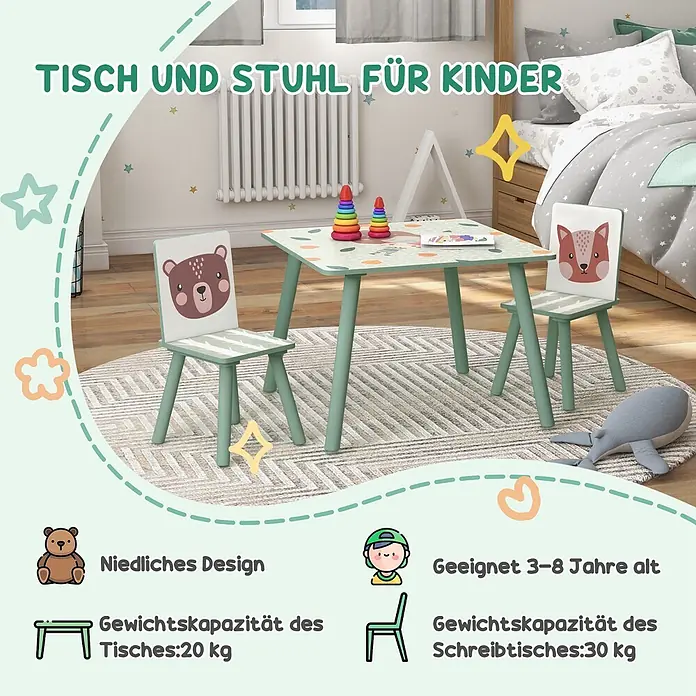 Zonekiz Kindertisch Grün 60cm x 60cm x 44cm -  - Grüner Kindertisch und zwei Stühle mit Tierdesign in einem spielerischen Kinderzimmer.