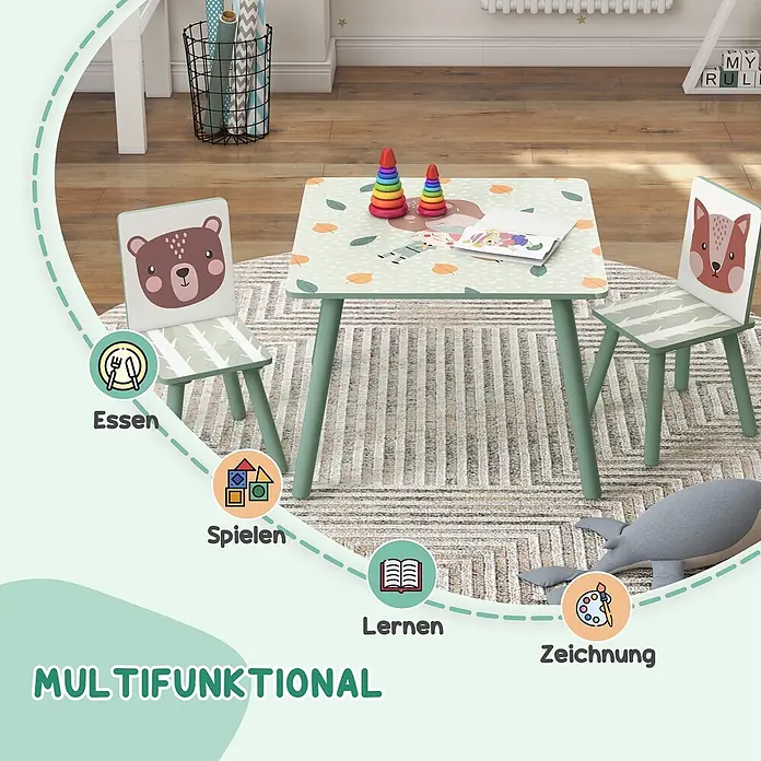 Zonekiz Kindertisch Grün 60cm x 60cm x 44cm -  - Grüner Kindertisch und zwei Stühle mit Tier- & Blattmotiven, ideal zum Essen, Spielen, Lernen und Zeichnen im Kinderzimmer.