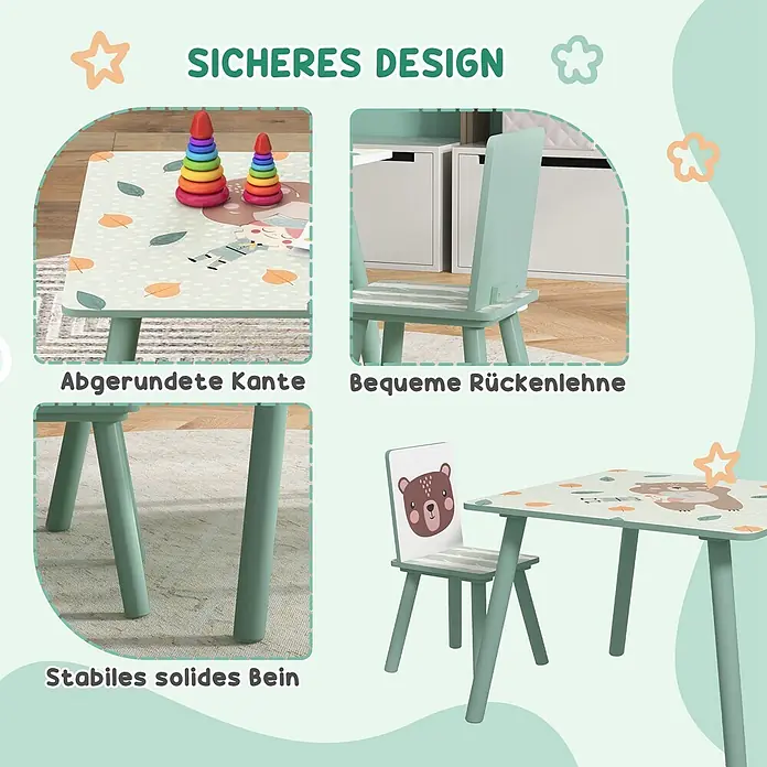 Zonekiz Kindertisch Grün 60cm x 60cm x 44cm -  - Hellgrüne Kinder-Tisch-Stuhl-Garnitur mit abgerundeten Kanten, bequemen Rückenlehnen und stabilen Beinen, mit Tiermotiv.